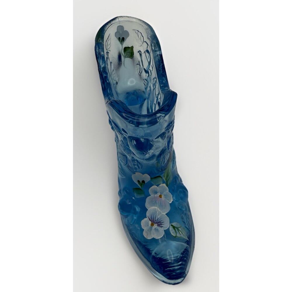 Fenton Blue Floral Hand Painted Glass Victorian Shoe Slipper 6 Inches Signed - Picture 4 of 9